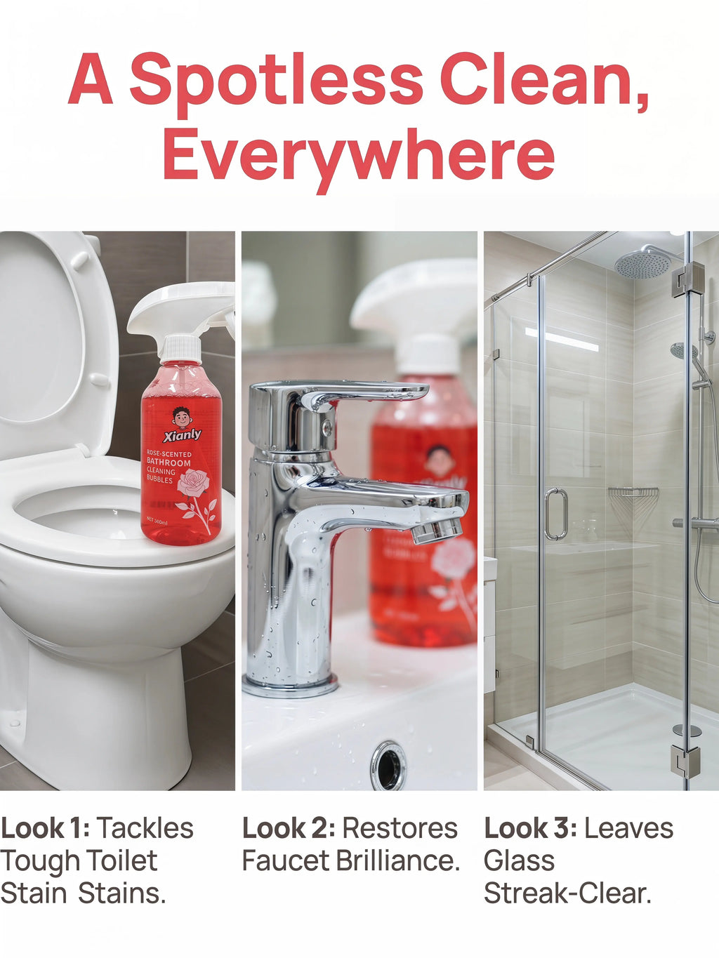 Xianly Rose-Scented Bathroom Cleaning Bubbles Rose Fragrance Bathroom Cleaner, Gentle Liquid Spray for Smooth Glazed Surfaces, Tiles, Toilets & Sinks