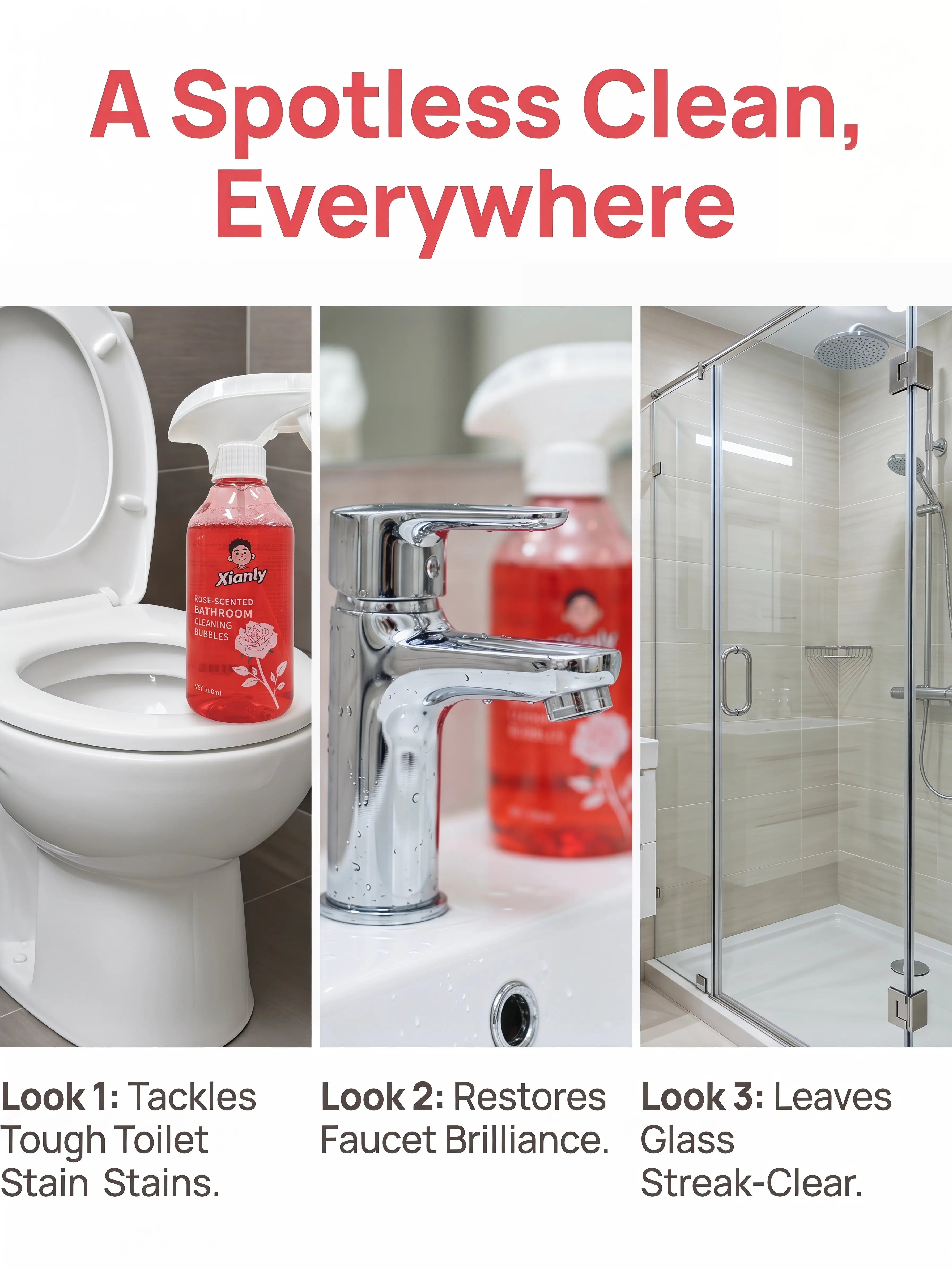Xianly Rose-Scented Bathroom Cleaning Bubbles Rose Fragrance Bathroom Cleaner, Gentle Liquid Spray for Smooth Glazed Surfaces, Tiles, Toilets & Sinks