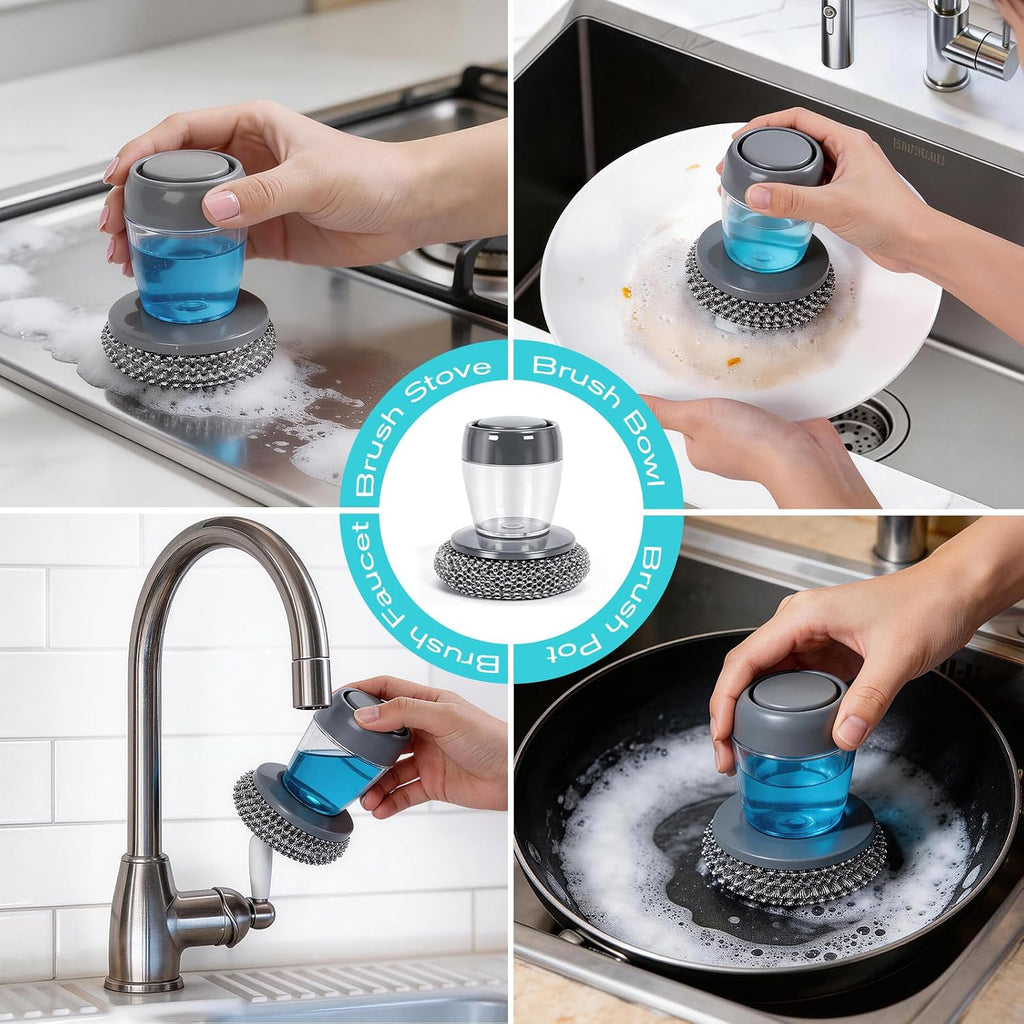2026 New Soap Dispensing Dish Brush,Comfort Grip Soap Dispensing Kitchen Scrub,Built-In Liquid Dispenser, with Replaceable Nylon/Wire Bristles for One-Hand Use (4 Steel Wire Brush + 2 Accessories)