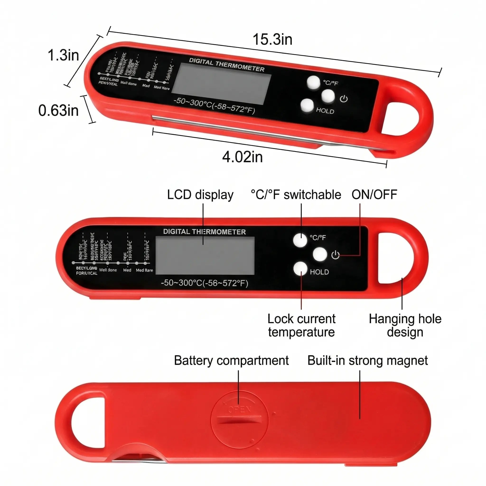 Digital Meat Thermometer 0.5S Instant Read ±0.5°F High Accuracy Food Temperature Probe for Cooking Kitchen Gadgets Essentials Tools Gifts for Men Dad Chef for Oven Grill BBQ Smoker Candy Baking Home Outdoor Use