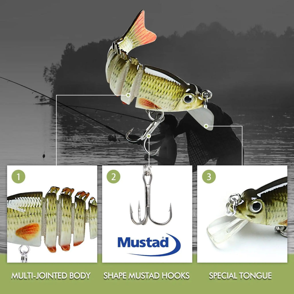 TRUSCEND Easy Catch Swimmax Lures with BKK Hooks 3D Realistic Eyes ABS Material 6 Segments for Bass Trout Walleye Ultra Sharp Treble Hooks Lifelike Fishing Baits