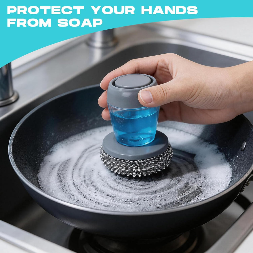 2026 New Soap Dispensing Dish Brush,Comfort Grip Soap Dispensing Kitchen Scrub,Built-In Liquid Dispenser, with Replaceable Nylon/Wire Bristles for One-Hand Use (4 Steel Wire Brush + 2 Accessories)