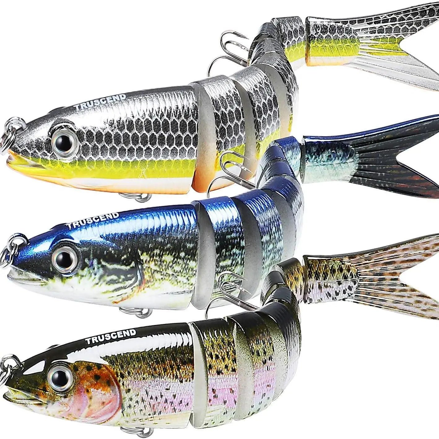 TRUSCEND Easy Catch Swimmax Lures with BKK Hooks 3D Realistic Eyes ABS Material 6 Segments for Bass Trout Walleye Ultra Sharp Treble Hooks Lifelike Fishing Baits