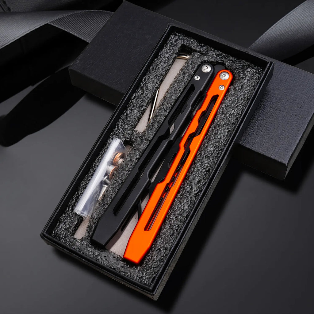 TGZUO Black & Orange Bladeless Aluminum Alloy Butterfly Trainer LG07 - Cool Manual Toy & Portable Folding EDC Tool for Outdoor Use