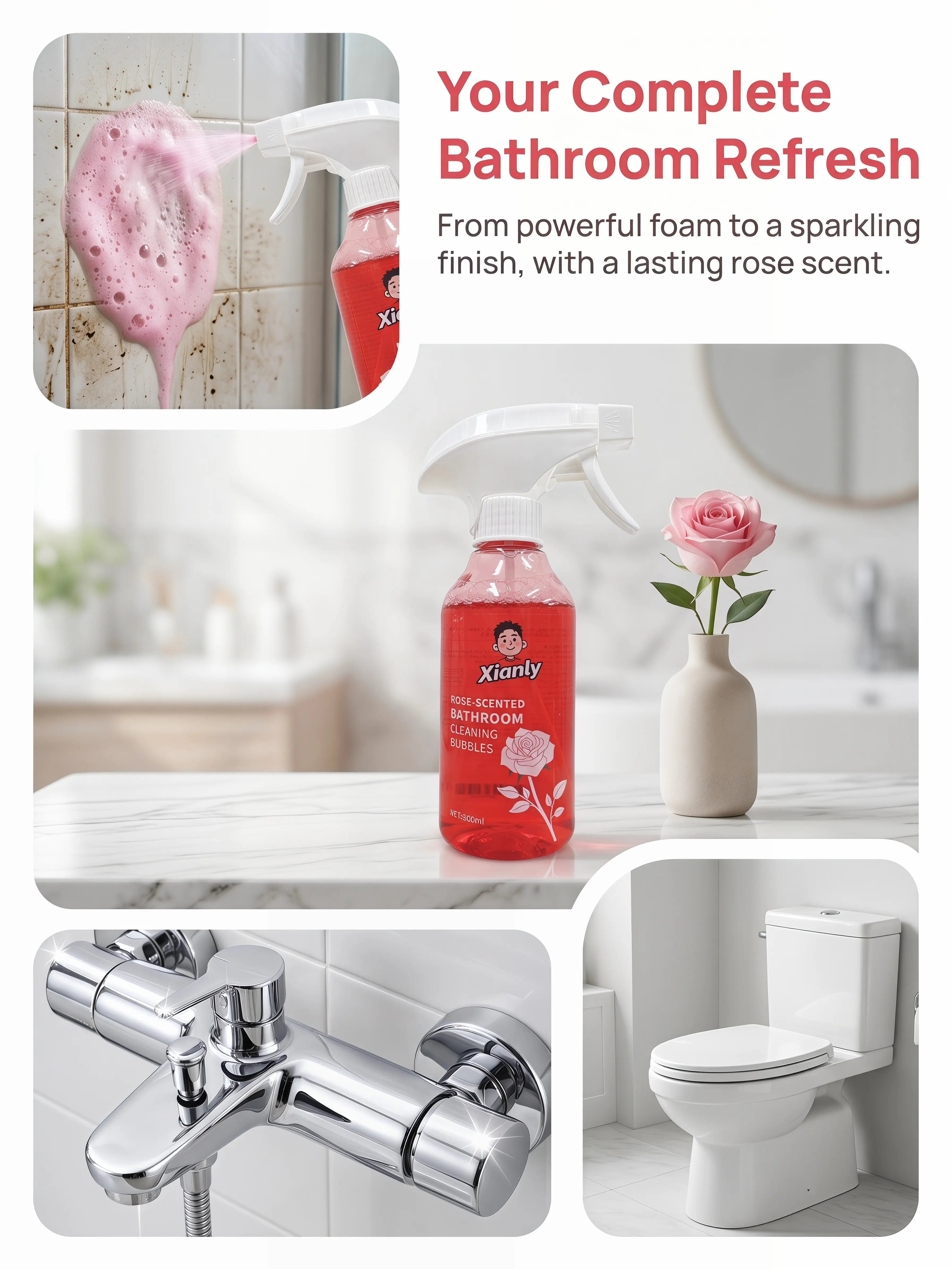 Xianly Rose-Scented Bathroom Cleaning Bubbles Rose Fragrance Bathroom Cleaner, Gentle Liquid Spray for Smooth Glazed Surfaces, Tiles, Toilets & Sinks