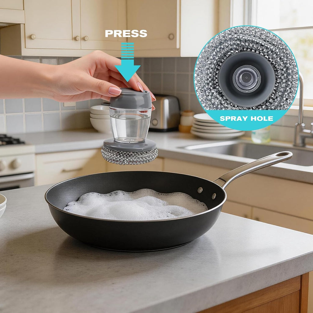2026 New Soap Dispensing Dish Brush,Comfort Grip Soap Dispensing Kitchen Scrub,Built-In Liquid Dispenser, with Replaceable Nylon/Wire Bristles for One-Hand Use (4 Steel Wire Brush + 2 Accessories)