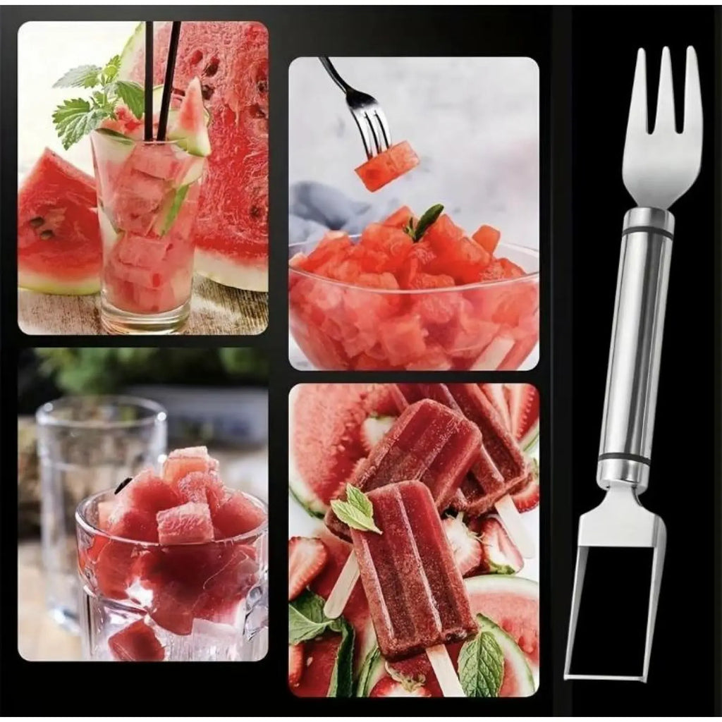 Watermelon Fork Slicer Cutter Slicer Tool,2-In-1 Stainless Steel Fruit Cutter, Dual Head Fruit Forks Slicer Knife with round Handle Fruit Cutting Kitchen Utensils