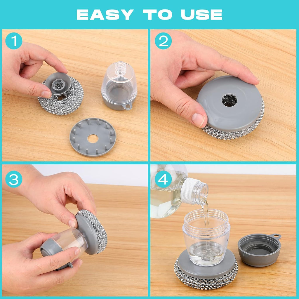 2026 New Soap Dispensing Dish Brush,Comfort Grip Soap Dispensing Kitchen Scrub,Built-In Liquid Dispenser, with Replaceable Nylon/Wire Bristles for One-Hand Use (4 Steel Wire Brush + 2 Accessories)