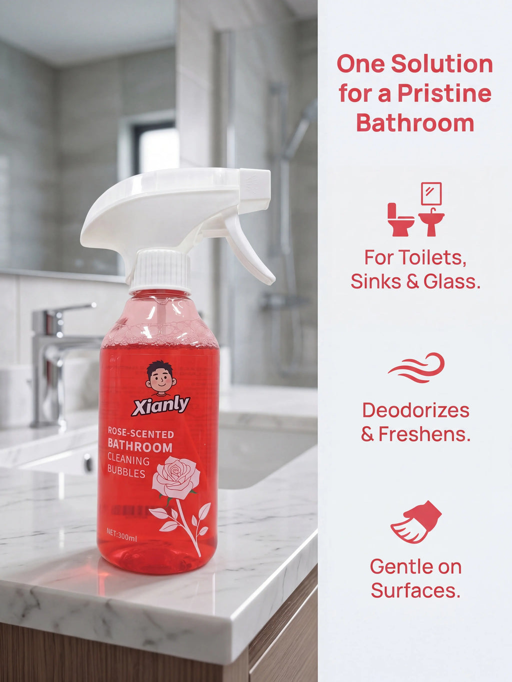 Xianly Rose-Scented Bathroom Cleaning Bubbles Rose Fragrance Bathroom Cleaner, Gentle Liquid Spray for Smooth Glazed Surfaces, Tiles, Toilets & Sinks