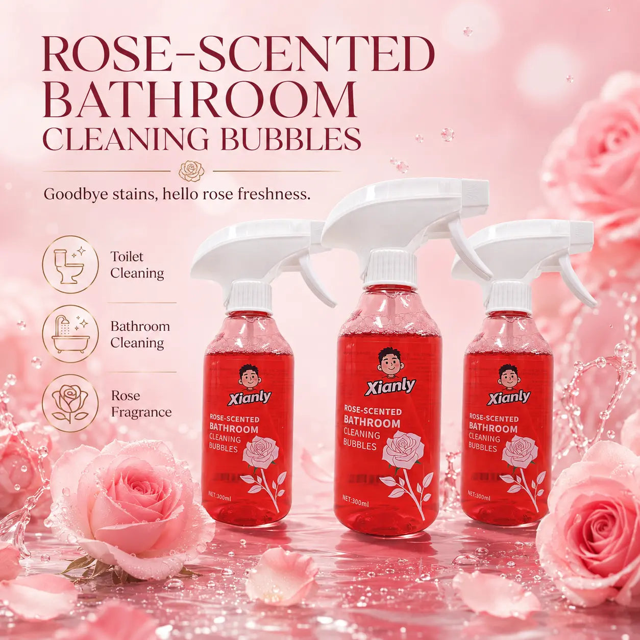 Xianly Rose-Scented Bathroom Cleaning Bubbles Rose Fragrance Bathroom Cleaner, Gentle Liquid Spray for Smooth Glazed Surfaces, Tiles, Toilets & Sinks