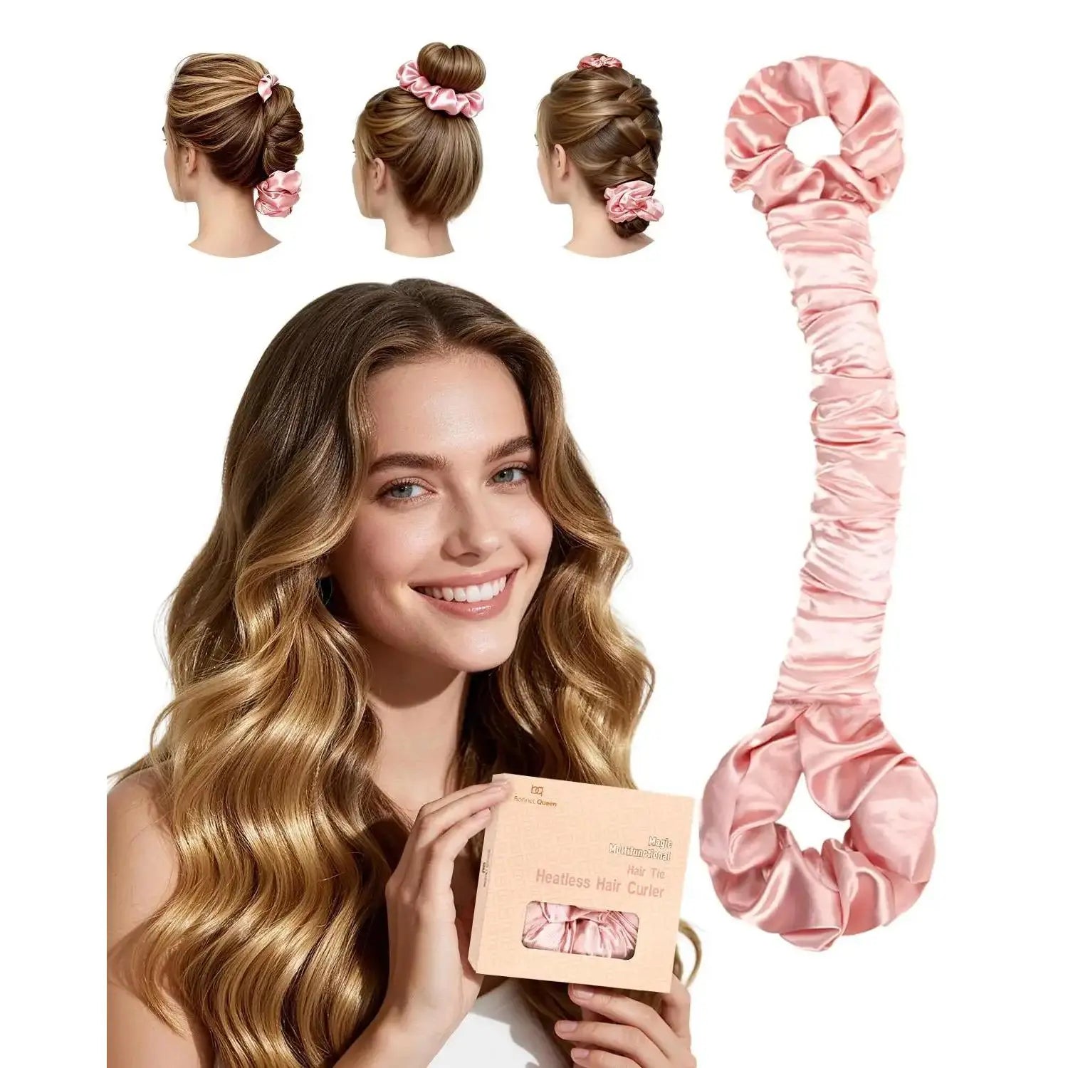 BONNET QUEEN Multi-Function Satin Heatless Hair Curler & Hair Tie Non-Heating Hair Roller Curling Rod with Scrunchie, Large, Champagne(For Big Curls), Hair Curling Rods Outdoorfun,Summervibes