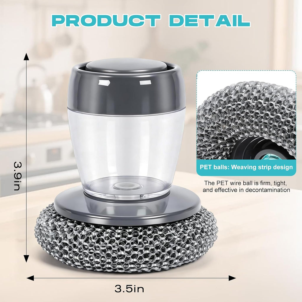 2026 New Soap Dispensing Dish Brush,Comfort Grip Soap Dispensing Kitchen Scrub,Built-In Liquid Dispenser, with Replaceable Nylon/Wire Bristles for One-Hand Use (4 Steel Wire Brush + 2 Accessories)