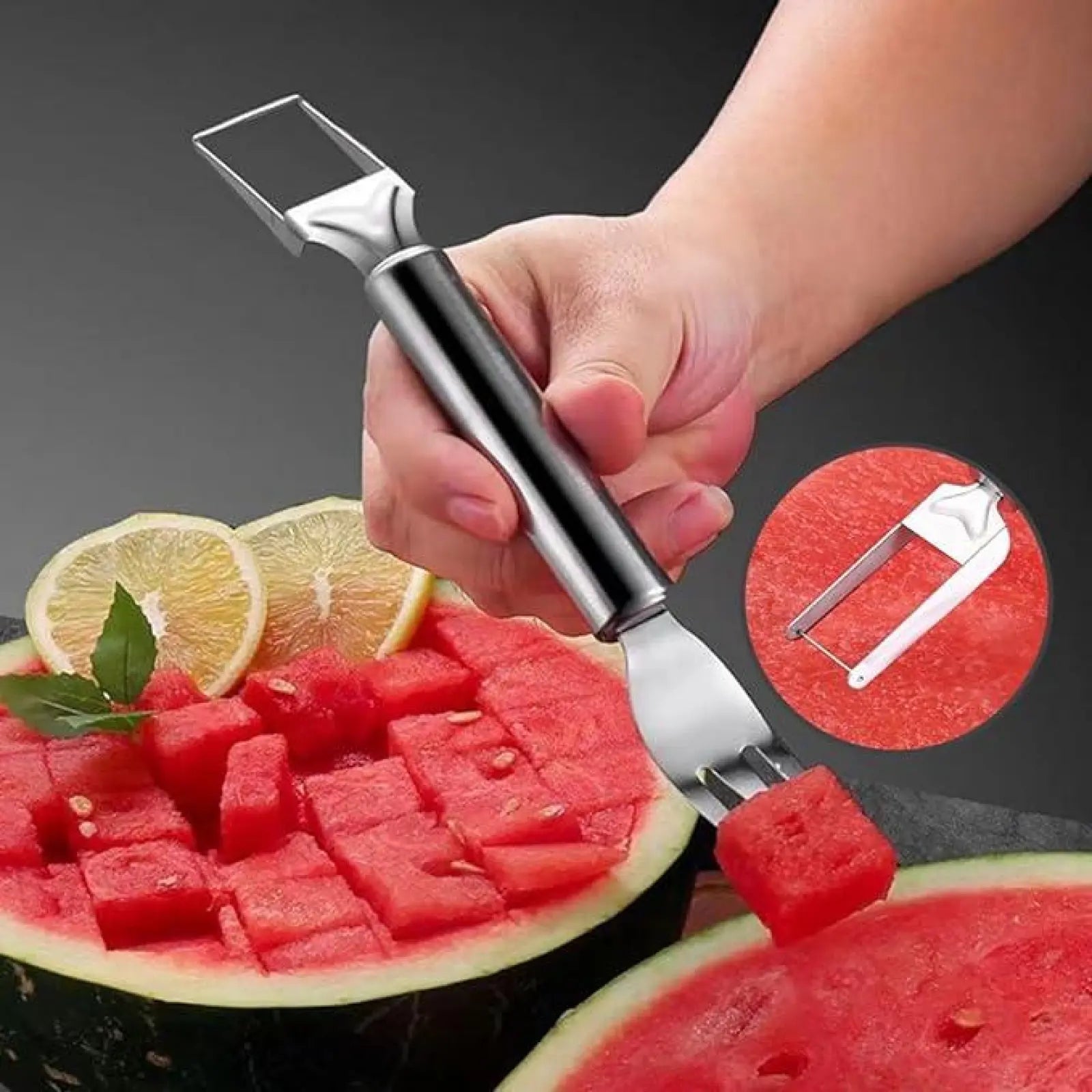 Watermelon Fork Slicer Cutter Slicer Tool,2-In-1 Stainless Steel Fruit Cutter, Dual Head Fruit Forks Slicer Knife with round Handle Fruit Cutting Kitchen Utensils