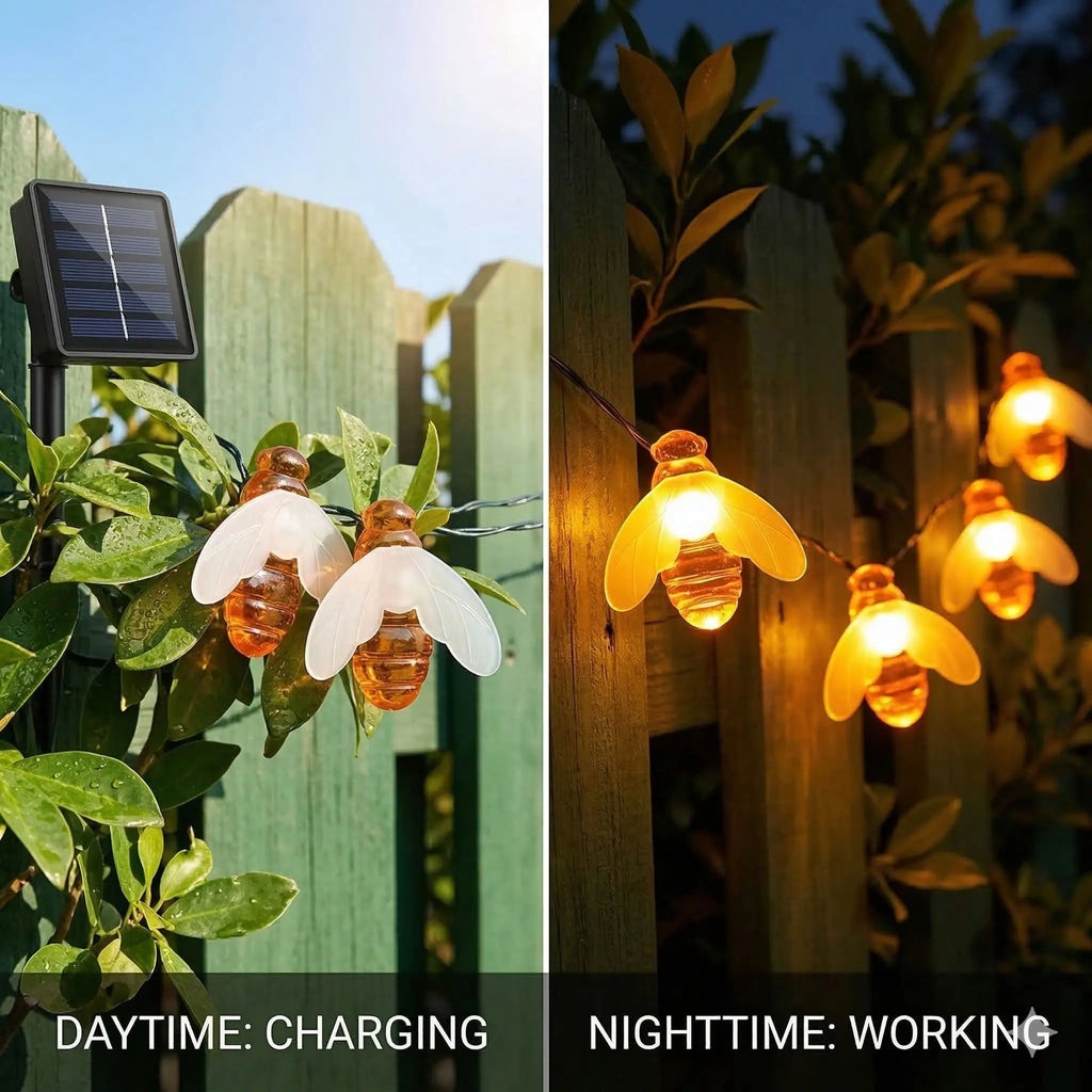 Solar Honey Bee String Lights - Waterproof Solar Outdoor Lights for Kitchen Window, Backyard Decor, and Outdoor Dining Bistro Atmosphere