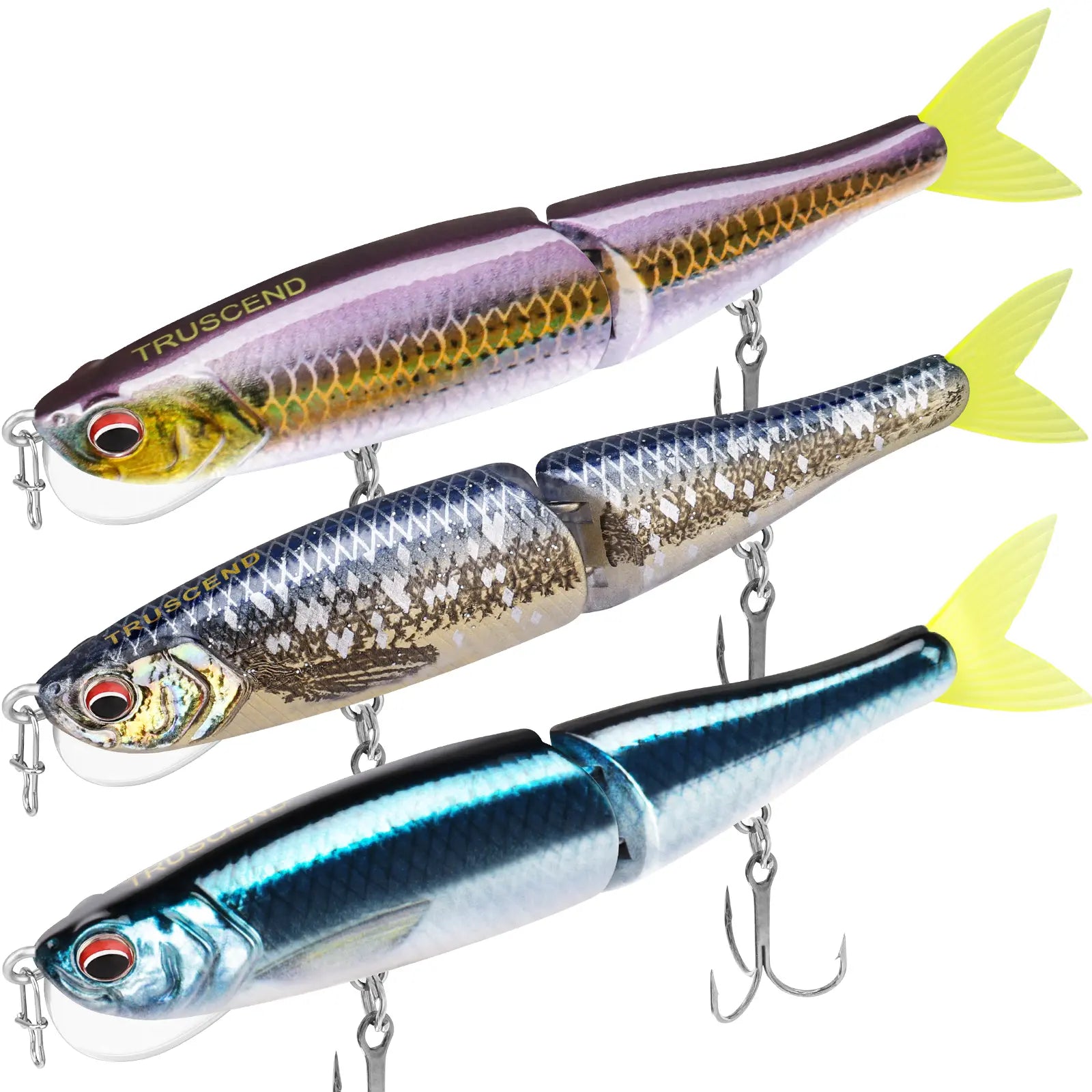 TRUSCEND Easy Catch Swimmax Lures with BKK Hooks 3D Realistic Eyes ABS Material 6 Segments for Bass Trout Walleye Ultra Sharp Treble Hooks Lifelike Fishing Baits