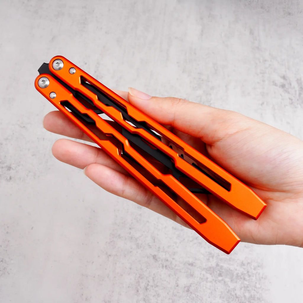 TGZUO Black & Orange Bladeless Aluminum Alloy Butterfly Trainer LG07 - Cool Manual Toy & Portable Folding EDC Tool for Outdoor Use