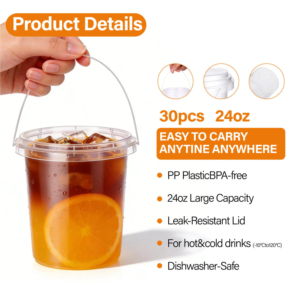 30 Sets 24Oz Drink Buckets with Lids and Straws | Leak-Proof PP Material | Patron Reusable Cups with Straw | Ideal for Hot/Cold Drinks, to Go , Parties & Events/ Iced Coffee Buckets,Large Plastic Cup,Food Truck Supplies #Memorialdaysale