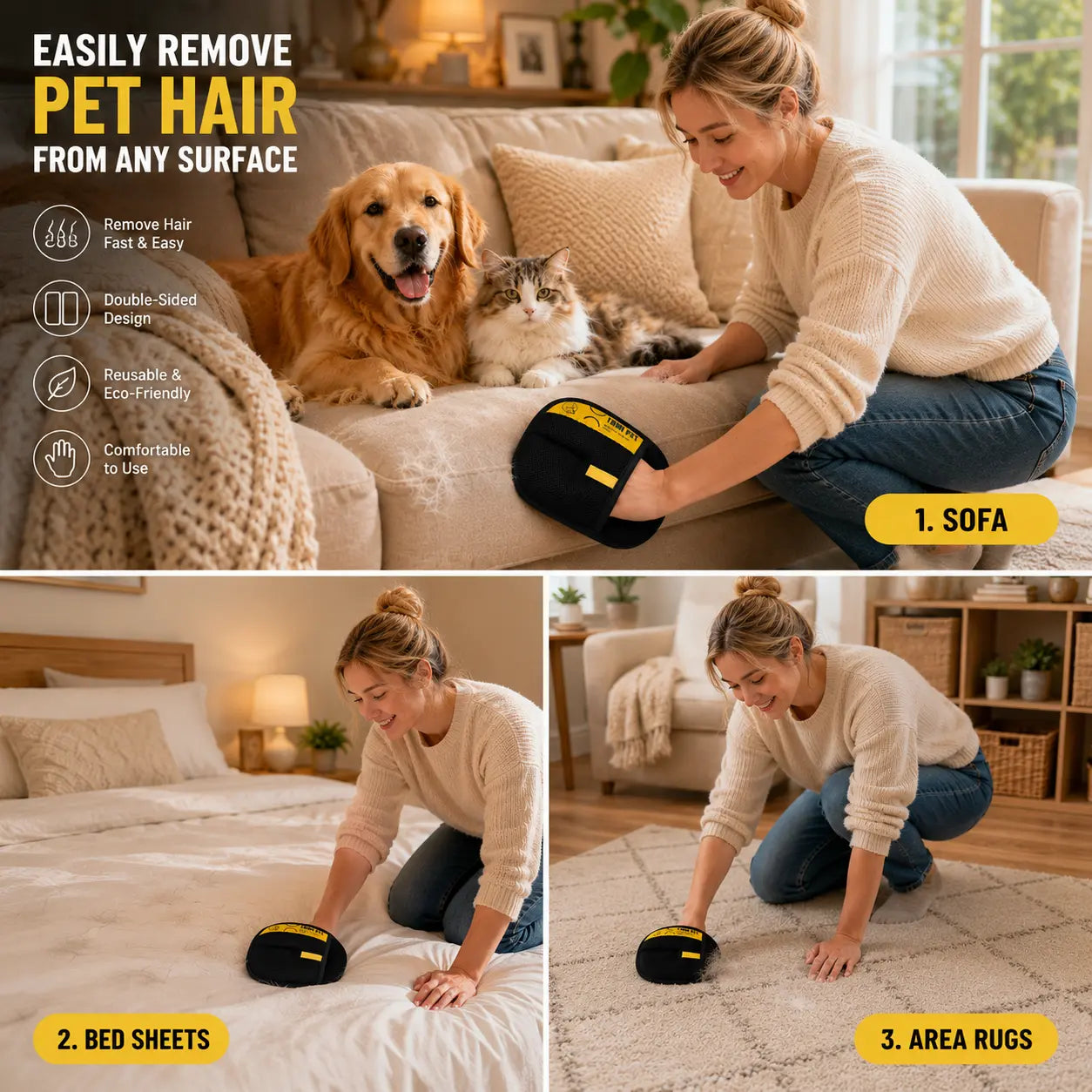 YOMI PET Hair Remover Electrostatic Gloves Two-Way Brush Sticky Hair Remover Cat Hair Dog Hair Glover Grooming Removal Cleaning