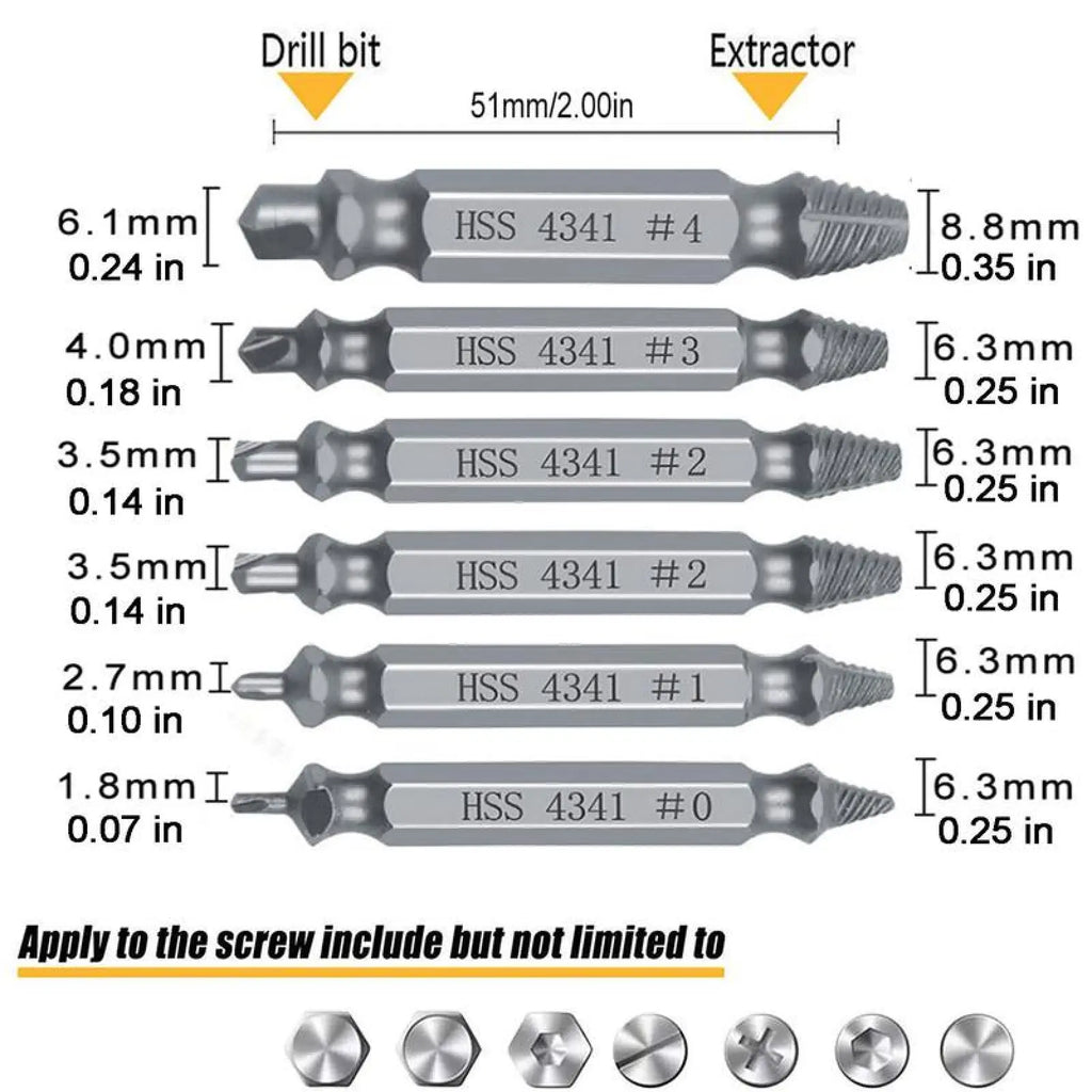 Stripped Broken Screw Remover,6 Counts Set Easy Out Bolt Extractor, Damaged Screw Extractor Set,Double Head Extraction Design Extractor Head,Household Repair Tools, Power Tool Accessories, Screwdriver Bit Clip.