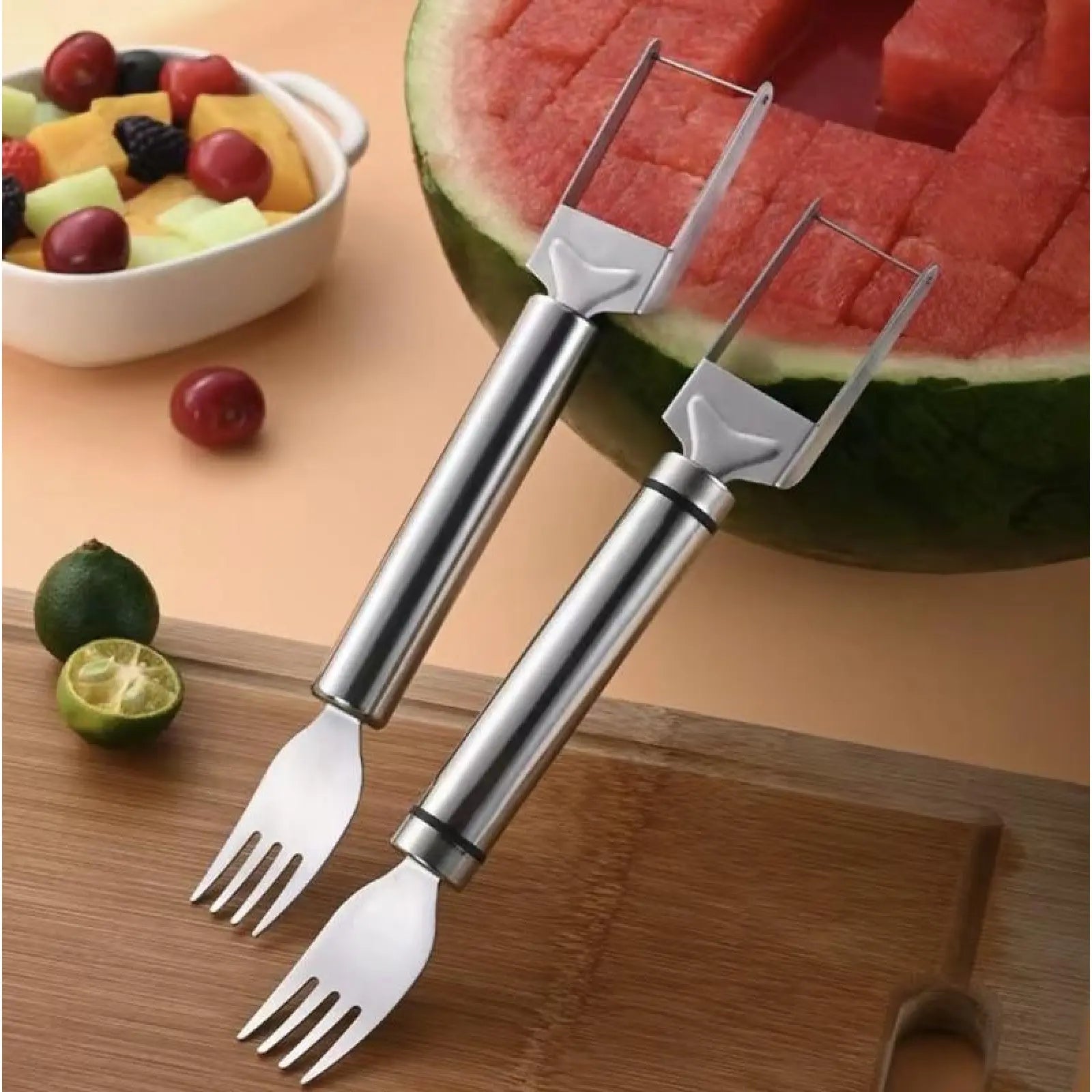 Watermelon Fork Slicer Cutter Slicer Tool,2-In-1 Stainless Steel Fruit Cutter, Dual Head Fruit Forks Slicer Knife with round Handle Fruit Cutting Kitchen Utensils