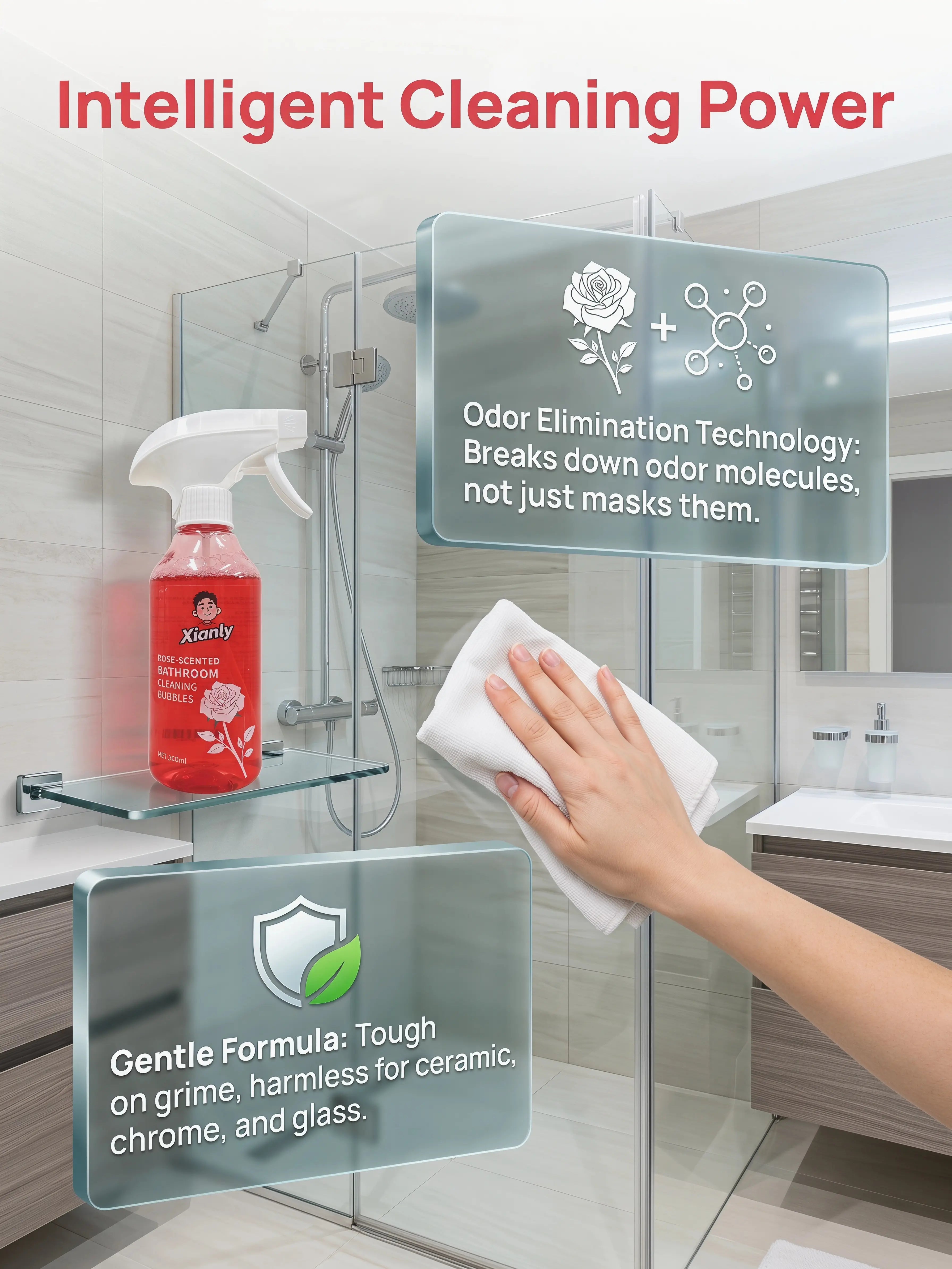 Xianly Rose-Scented Bathroom Cleaning Bubbles Rose Fragrance Bathroom Cleaner, Gentle Liquid Spray for Smooth Glazed Surfaces, Tiles, Toilets & Sinks