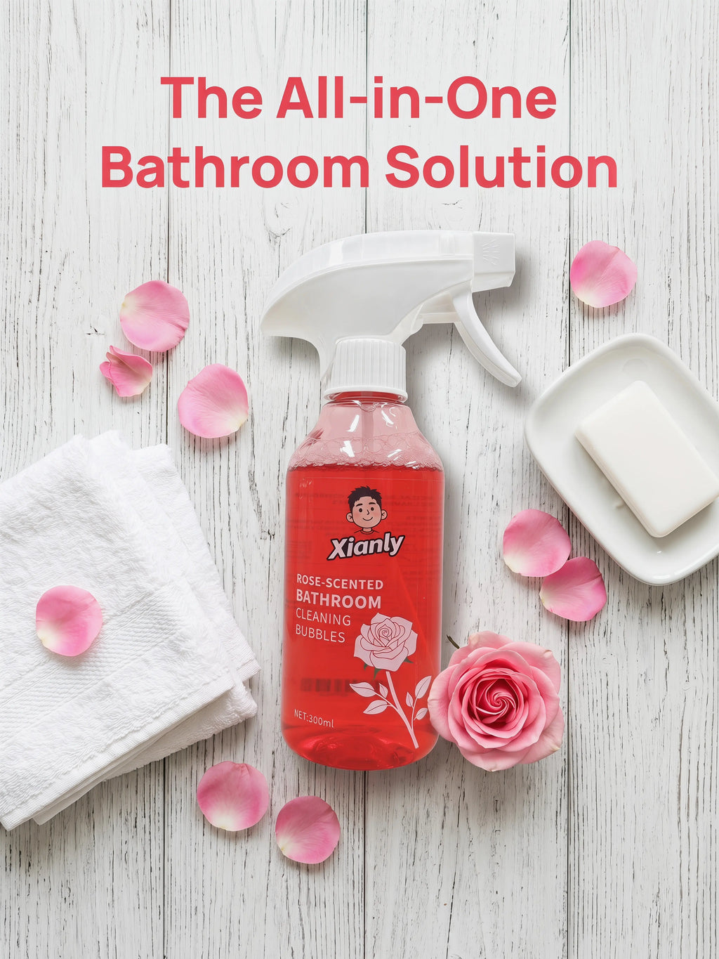 Xianly Rose-Scented Bathroom Cleaning Bubbles Rose Fragrance Bathroom Cleaner, Gentle Liquid Spray for Smooth Glazed Surfaces, Tiles, Toilets & Sinks