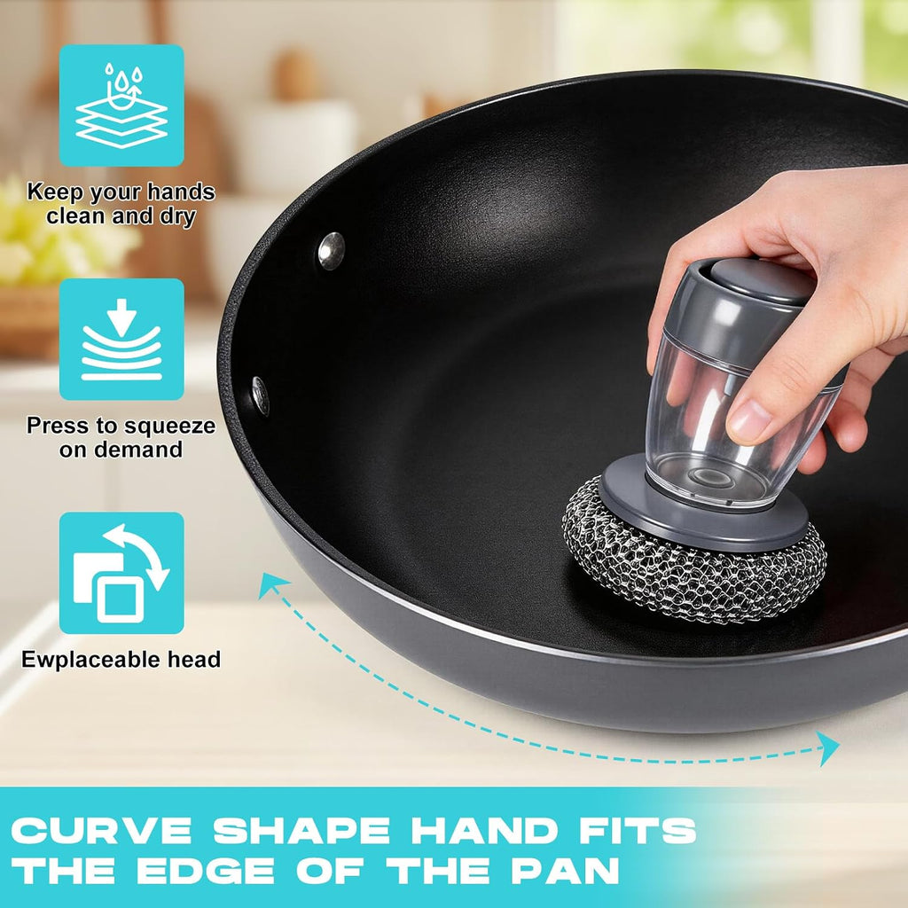2026 New Soap Dispensing Dish Brush,Comfort Grip Soap Dispensing Kitchen Scrub,Built-In Liquid Dispenser, with Replaceable Nylon/Wire Bristles for One-Hand Use (4 Steel Wire Brush + 2 Accessories)